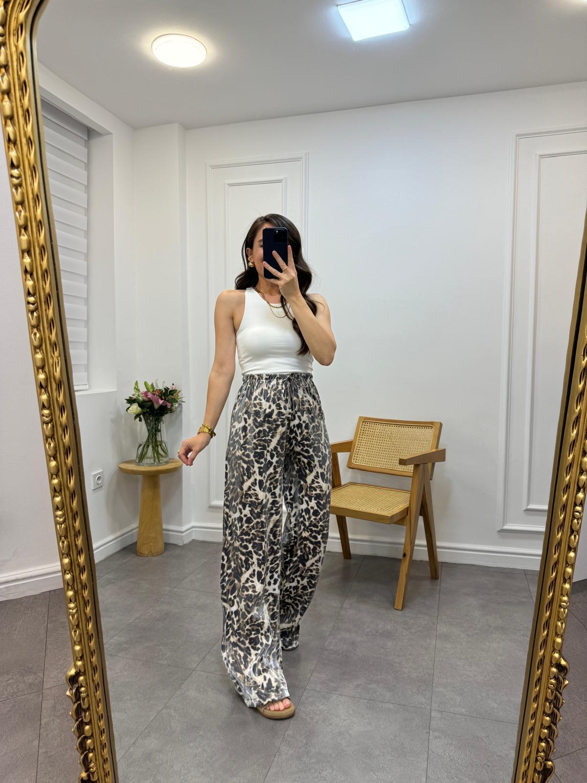 Bej Leopar Parlak Kumaş Beli Lastikli Pantolon 21501