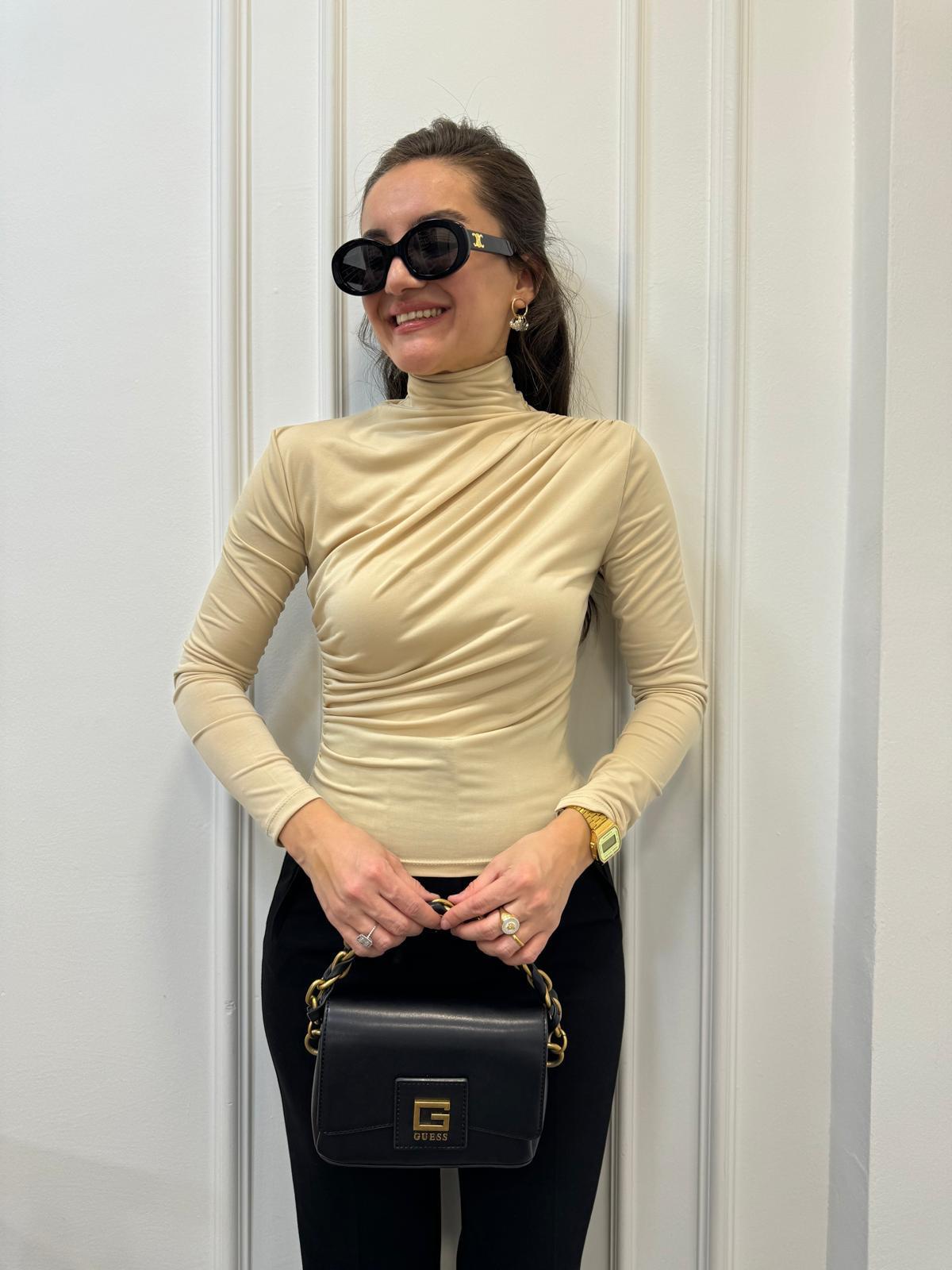 Bej Omuz Drape Detaylı Tasarım Bluz 7043