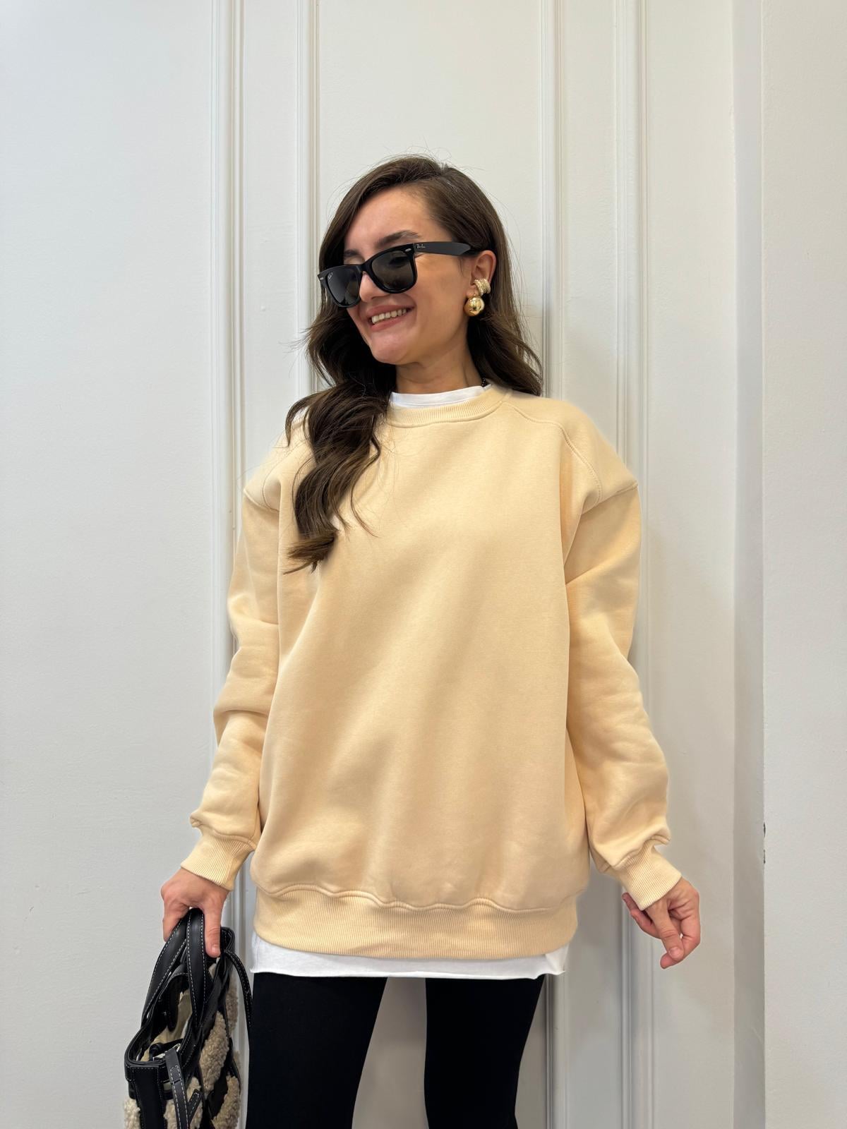 Bej Oversize Bisiklet Yaka Sweatshırt 7912