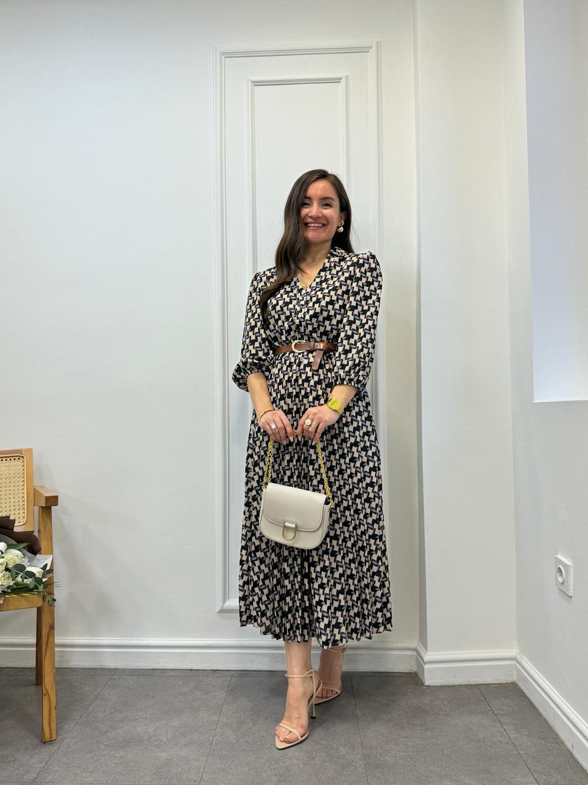 Bej Renkli Desenli Kemerli Piliseli Elbise 6063