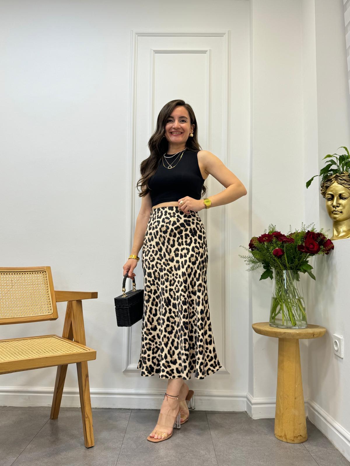 Bej Siyah Leopar Saten Etek 6306