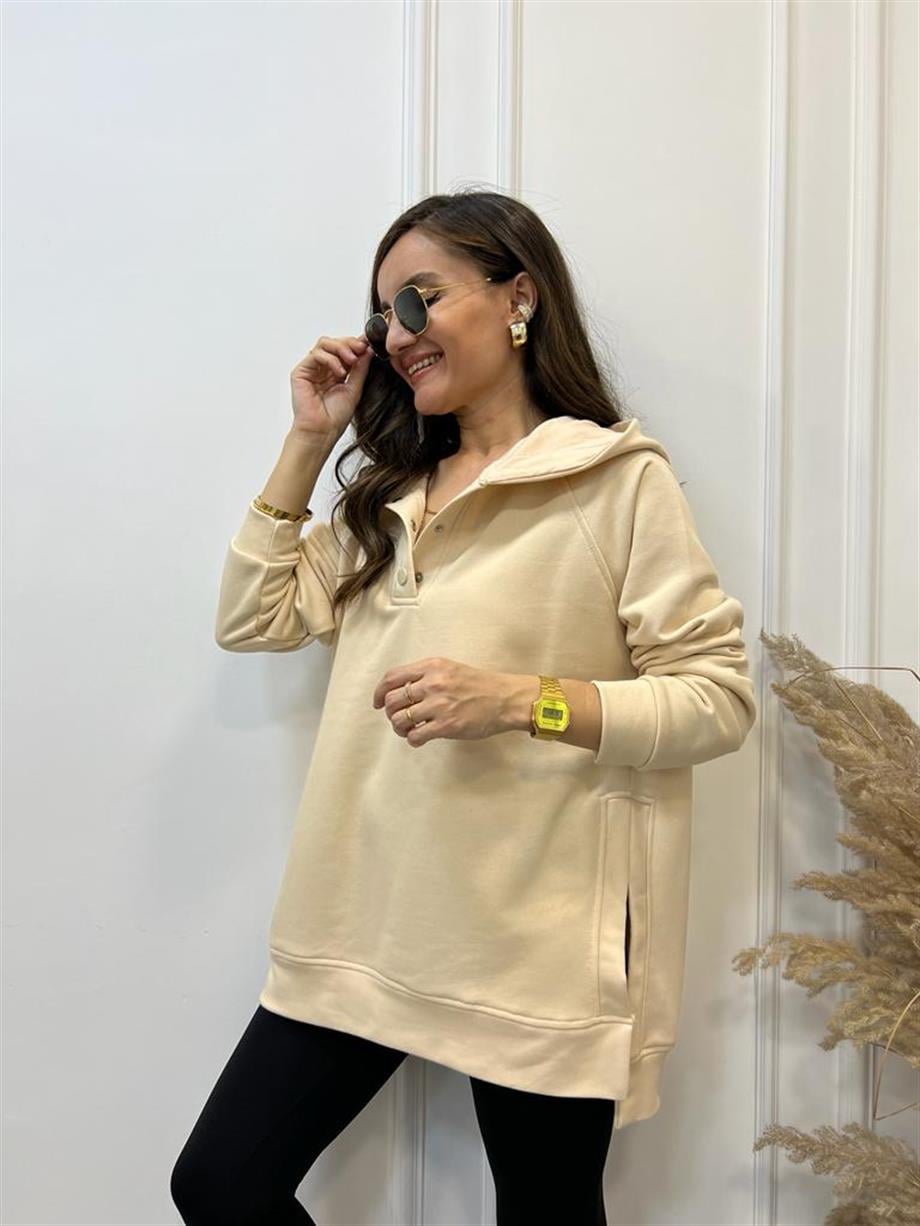 Bej Yandan Yırtmaçlı Çıtçıtlı Kapüşonlu Sweatshirt 5048