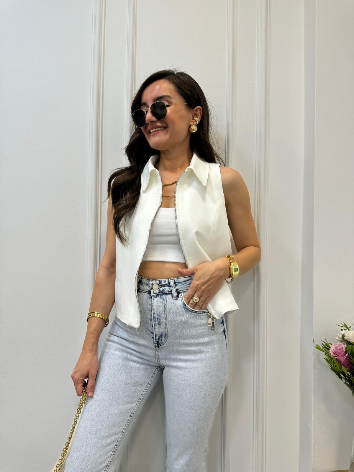 Beyaz Astarlı Fermuarlı Tasarım Yelek 58900