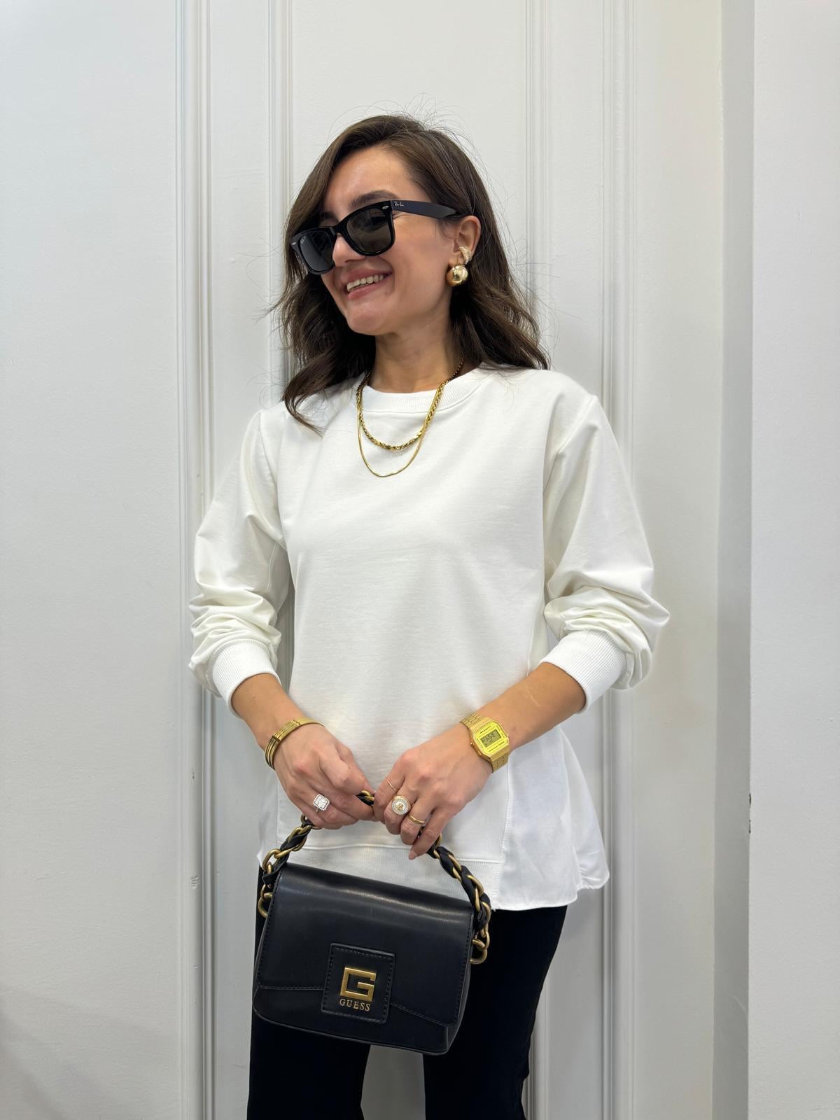 Beyaz Bel Bağlamalı Sweatshırt 29023