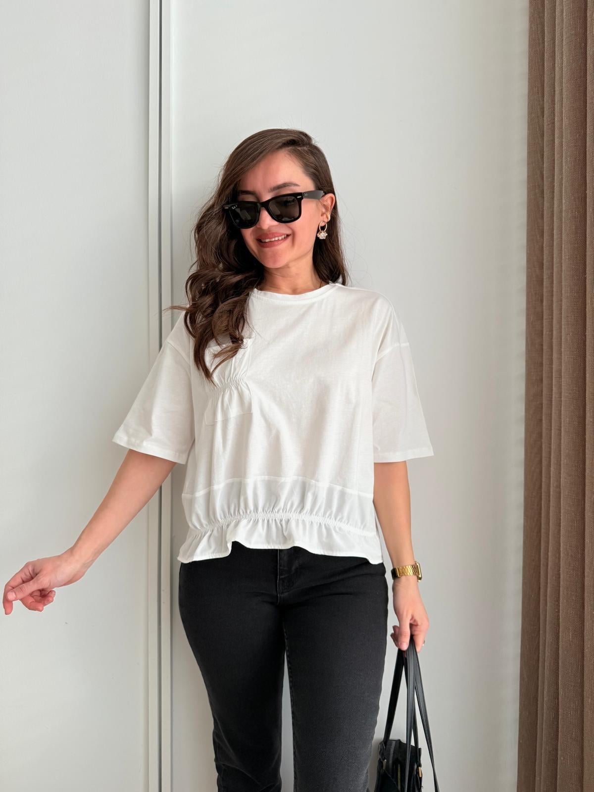 Beyaz Bisiklet Yaka Büzgü Detaylı Cepli Bluz 29735