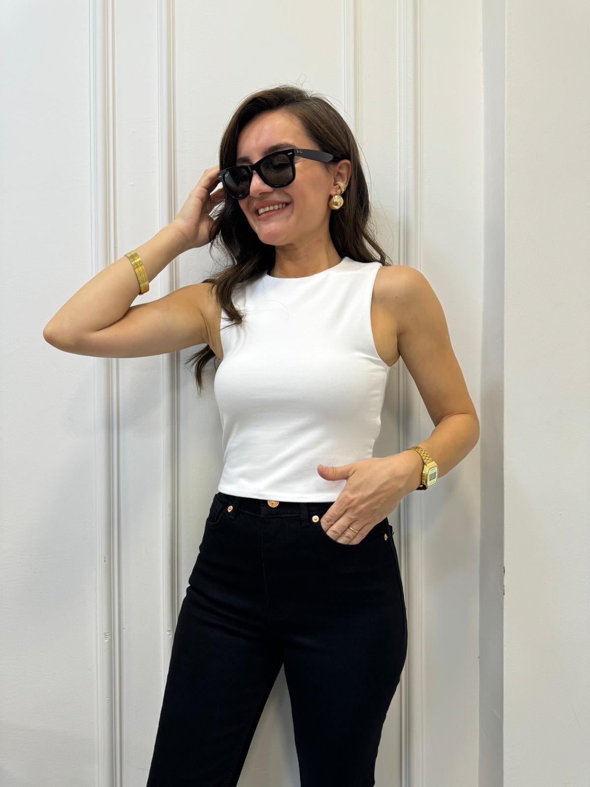 Beyaz Bisiklet Yaka Önü Çift Katlı Atlet 16178