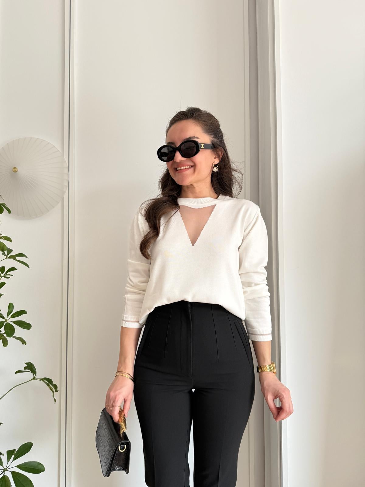 Beyaz Bisiklet Yaka Tül Detaylı Bluz 214