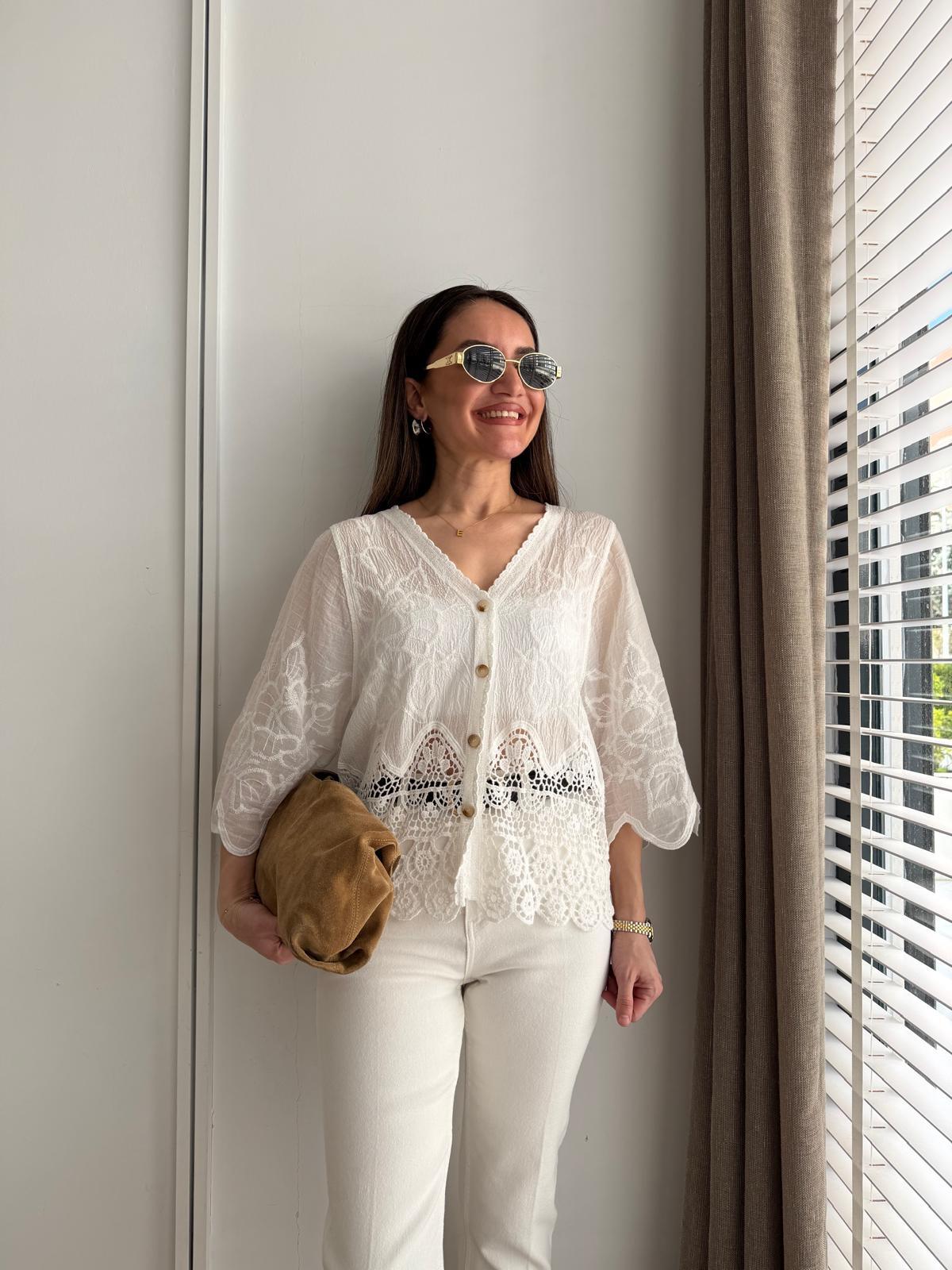 Beyaz Dantel Detaylı Kısa Kimono 38405