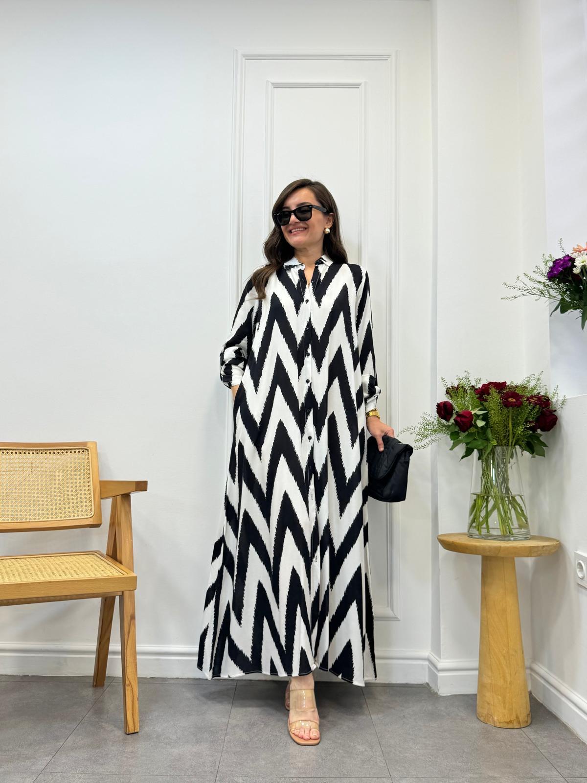 Beyaz Desenli Gömlek Elbise 3033