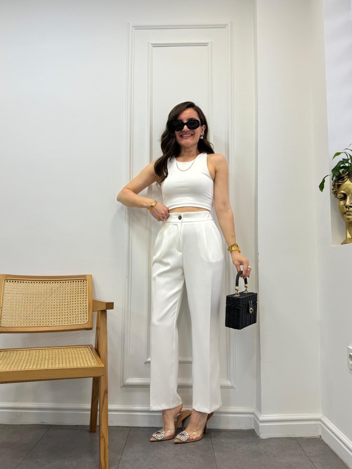 Beyaz Double Kumaş Çift Pensli Klasik Pantolon 0159