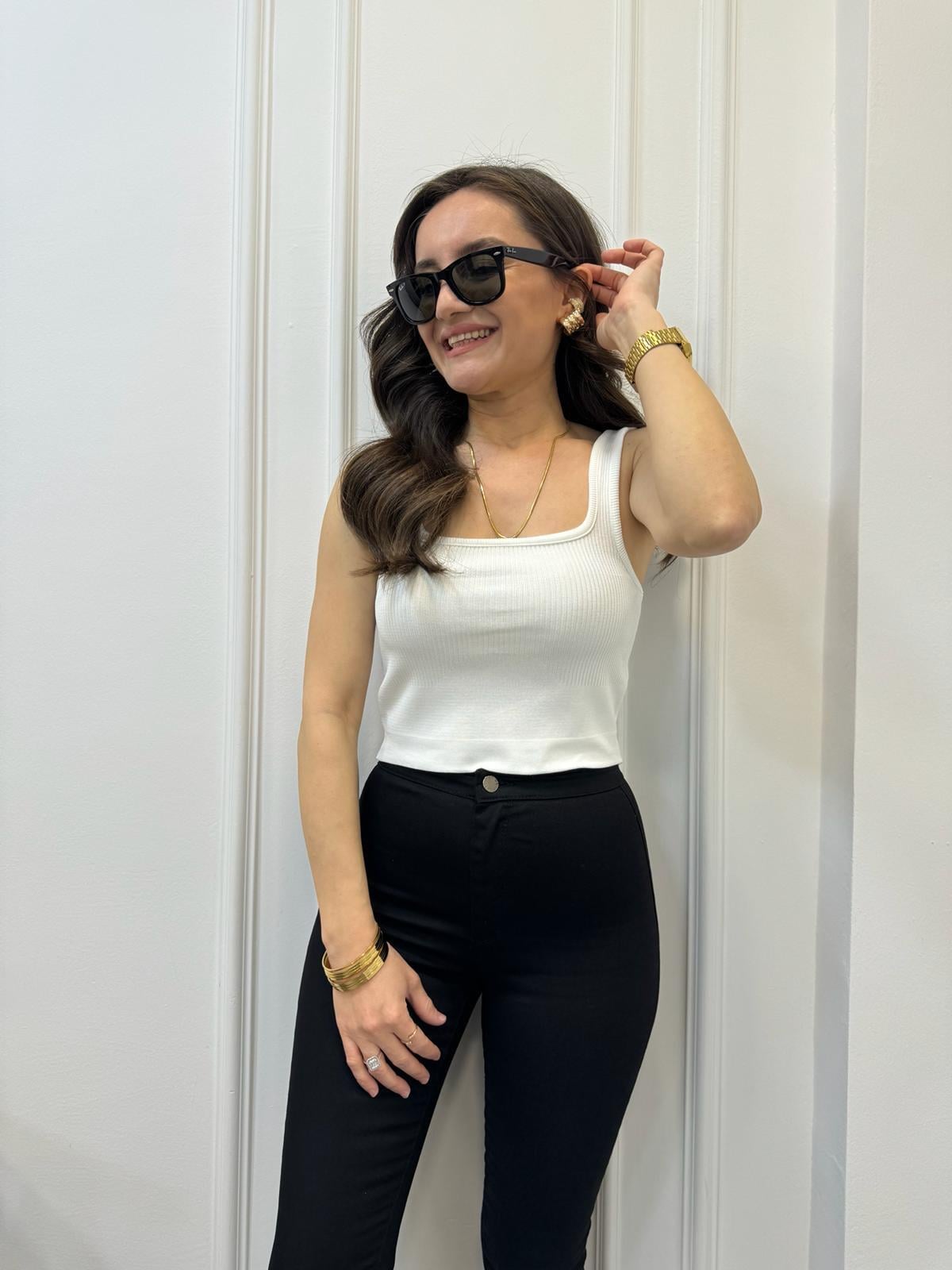 Beyaz Elit Triko Kare Yaka Fitilli Crop 3678