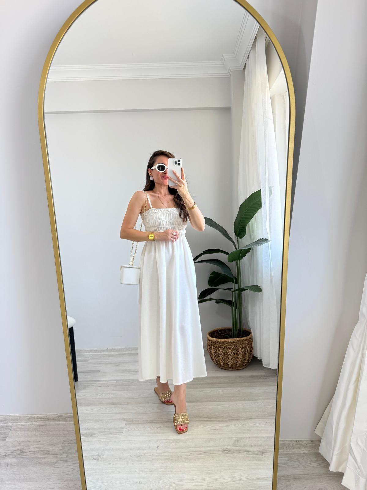 Beyaz Gögüs Gipeli Keten Elbise 2310