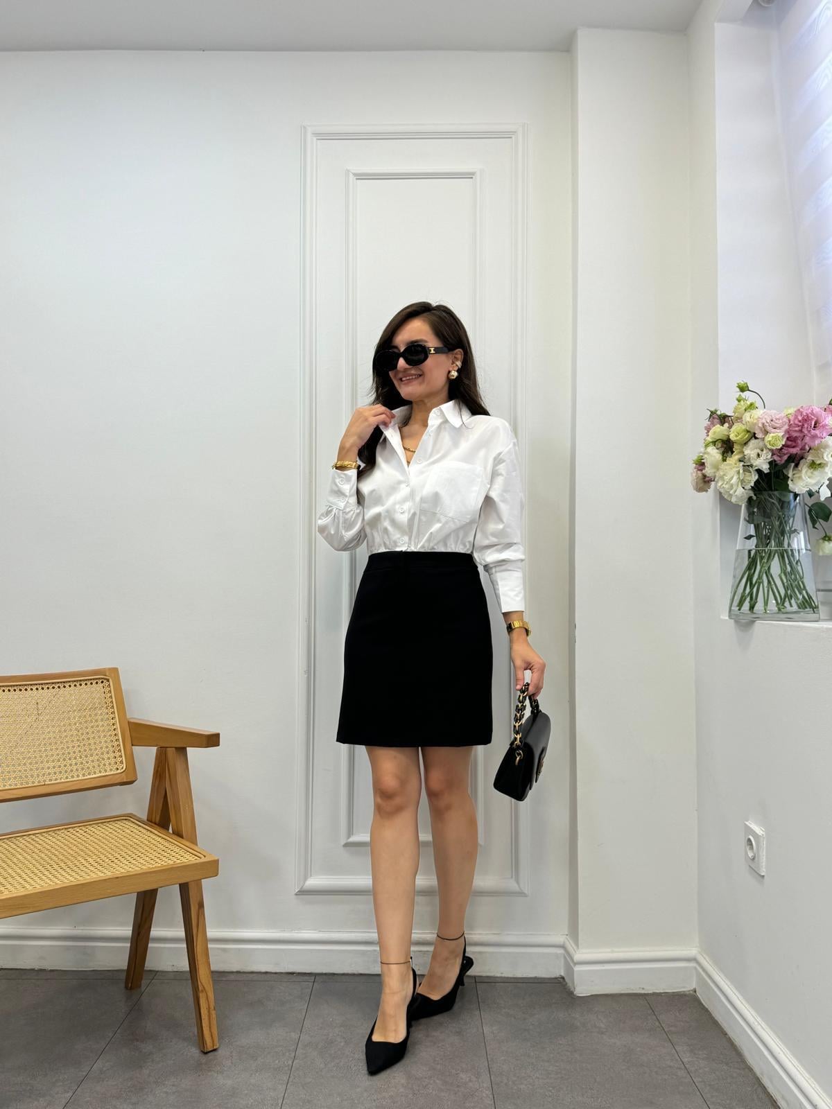 Beyaz Gömlek Detaylı Mini Elbise 34440