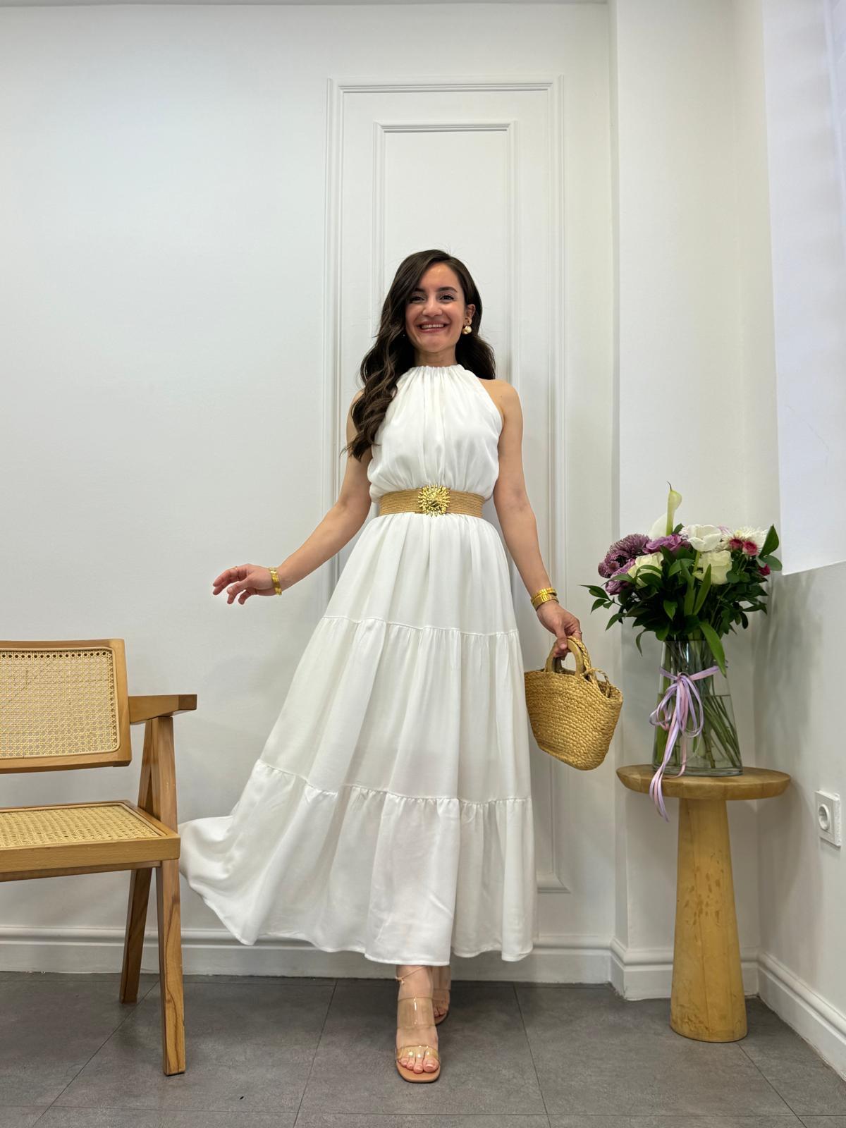 Beyaz Halter Yaka Volan Detaylı Elbise 279067