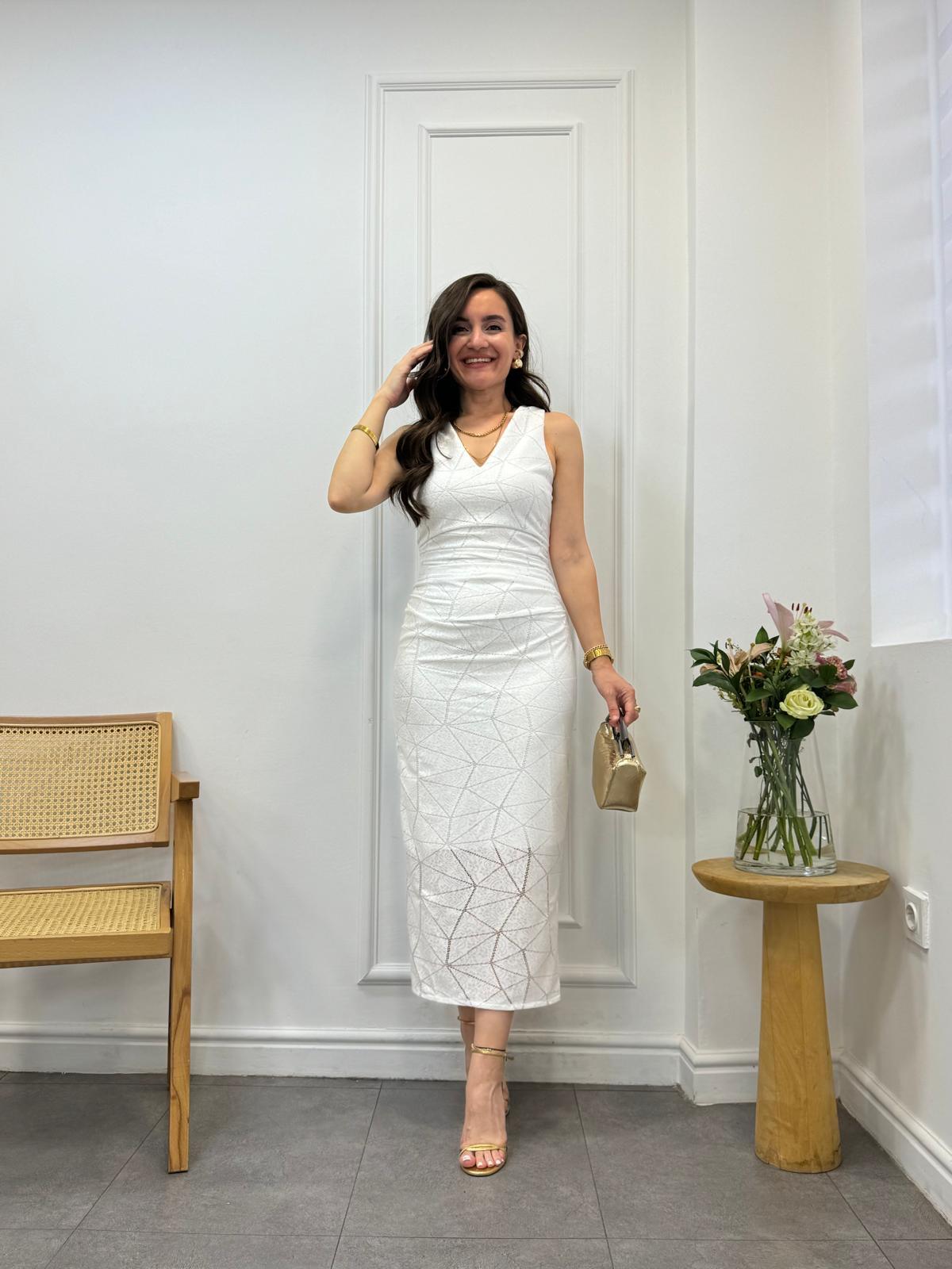 Beyaz Ön Arka V Yaka Astarlı Dantel Elbise 3497