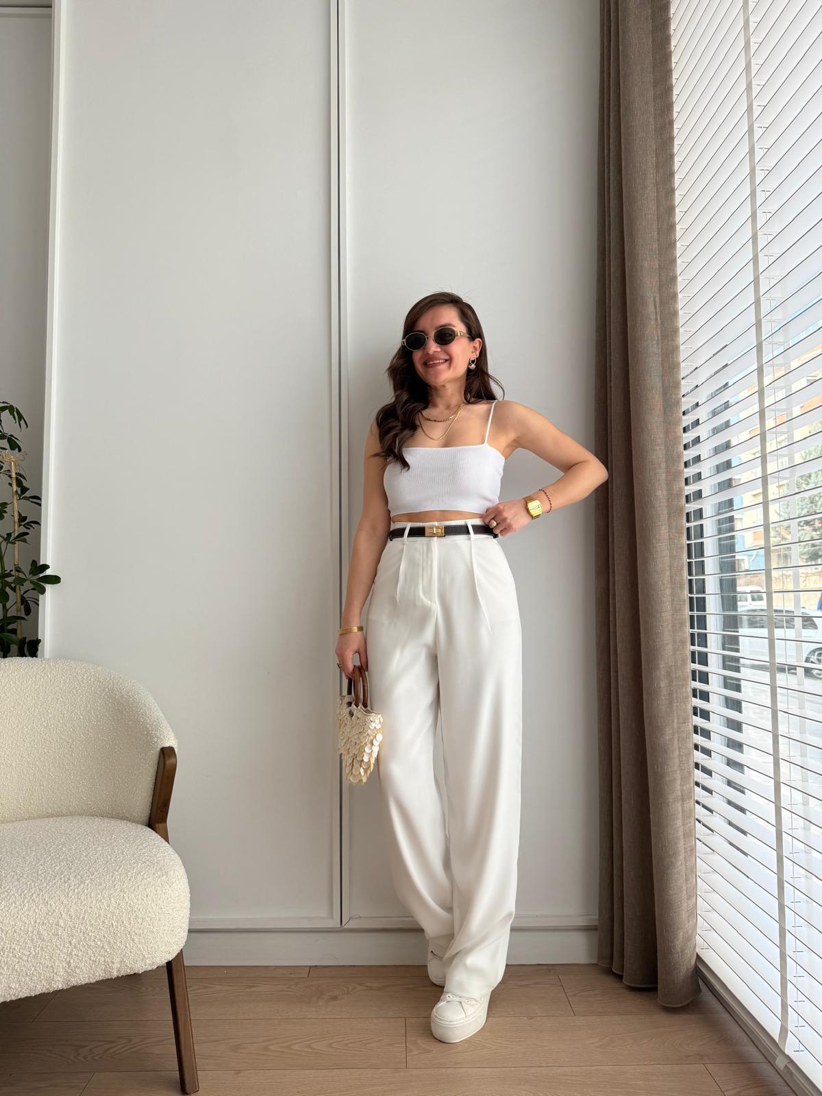 Beyaz Pensli Palazzo Pantolon 1506