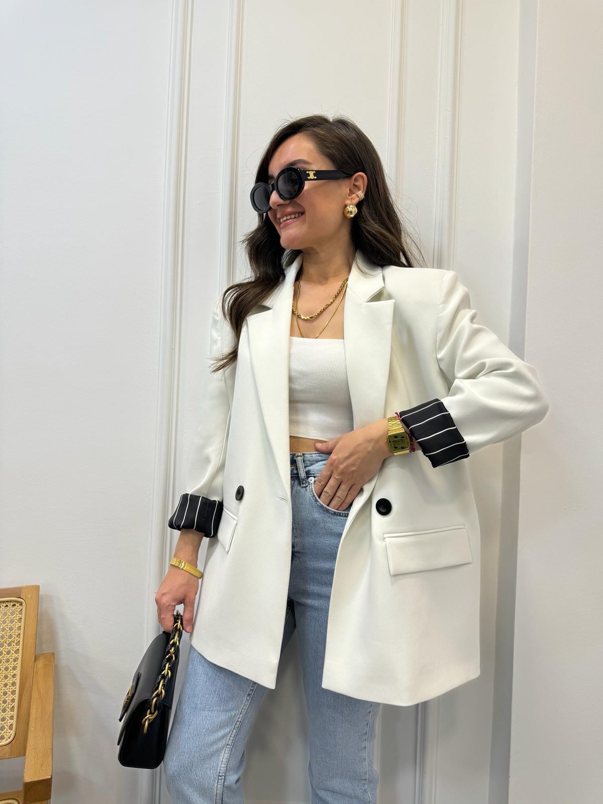 Beyaz Premıum Seri Siyah Çizgili Astarlı Blazer Ceket 9412