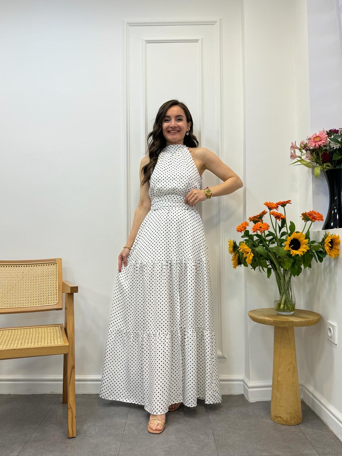 Beyaz Puantiyeli Halter Yaka Elbise 4233