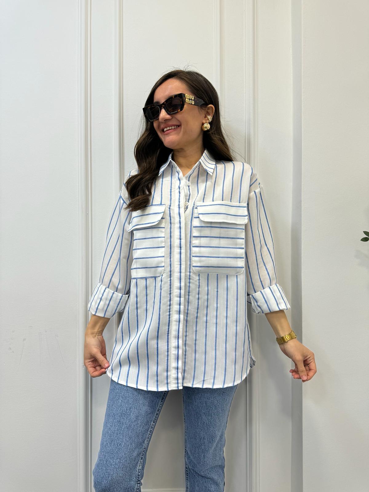 Beyaz Sax Çizgili Ön Cepli Oversize Gömlek 6047