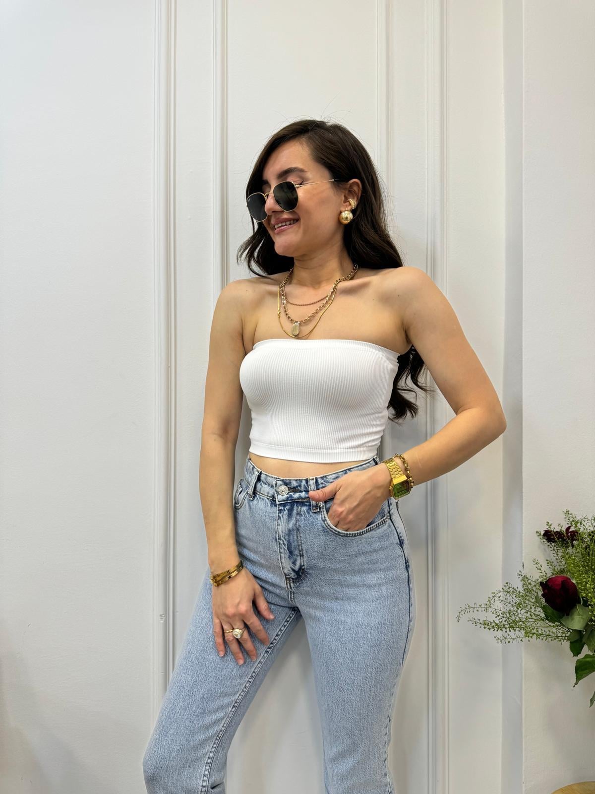 Beyaz Straplez Crop 6060