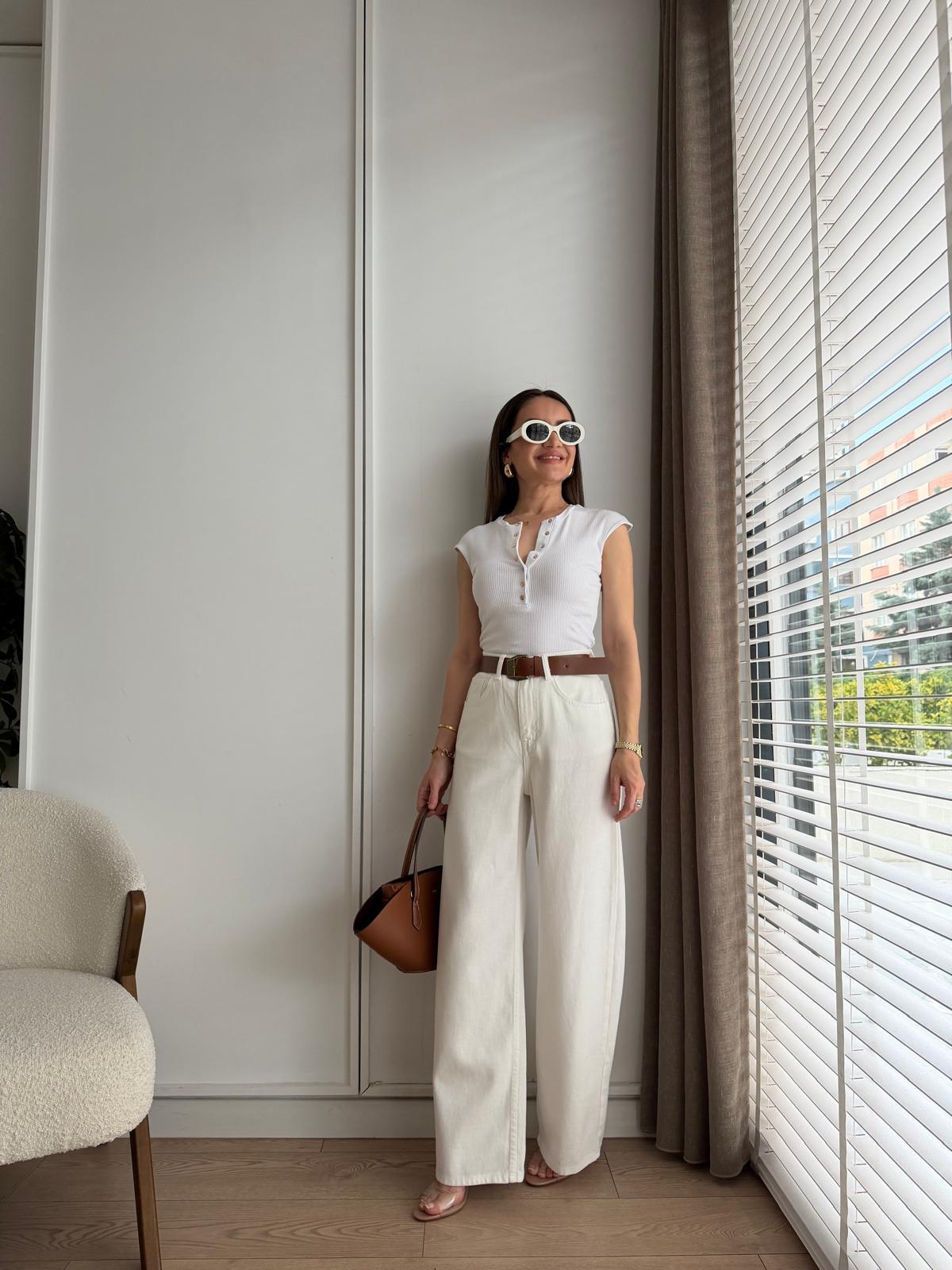 Beyaz Yüksek Bel Kemerli Palazzo Pantolon 0030