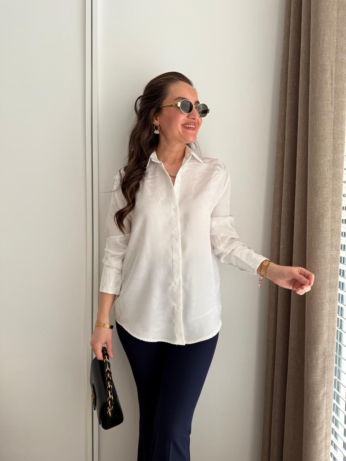 Beyaz Zebra Desen Jakar Gömlek 0601