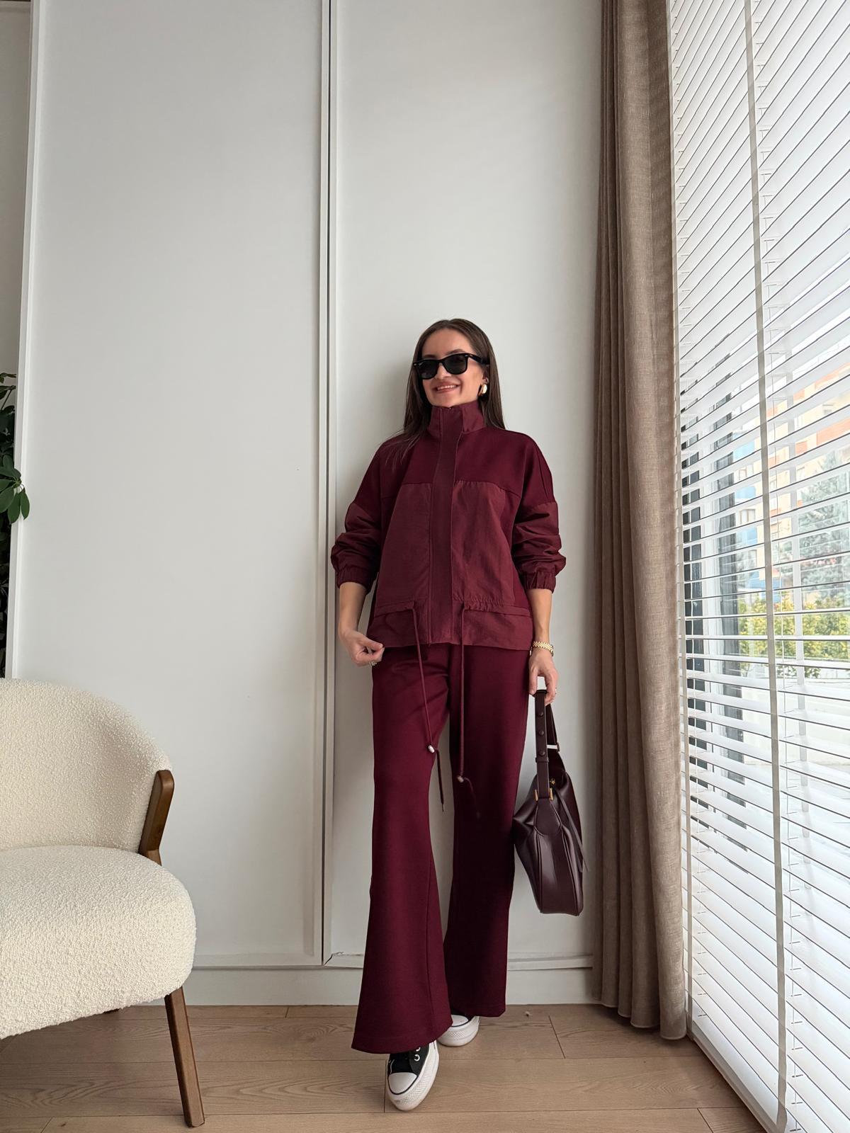 Bordo Astarlı Paraşüt Kumaş Detaylı Ceket Pantolon Takım 36851