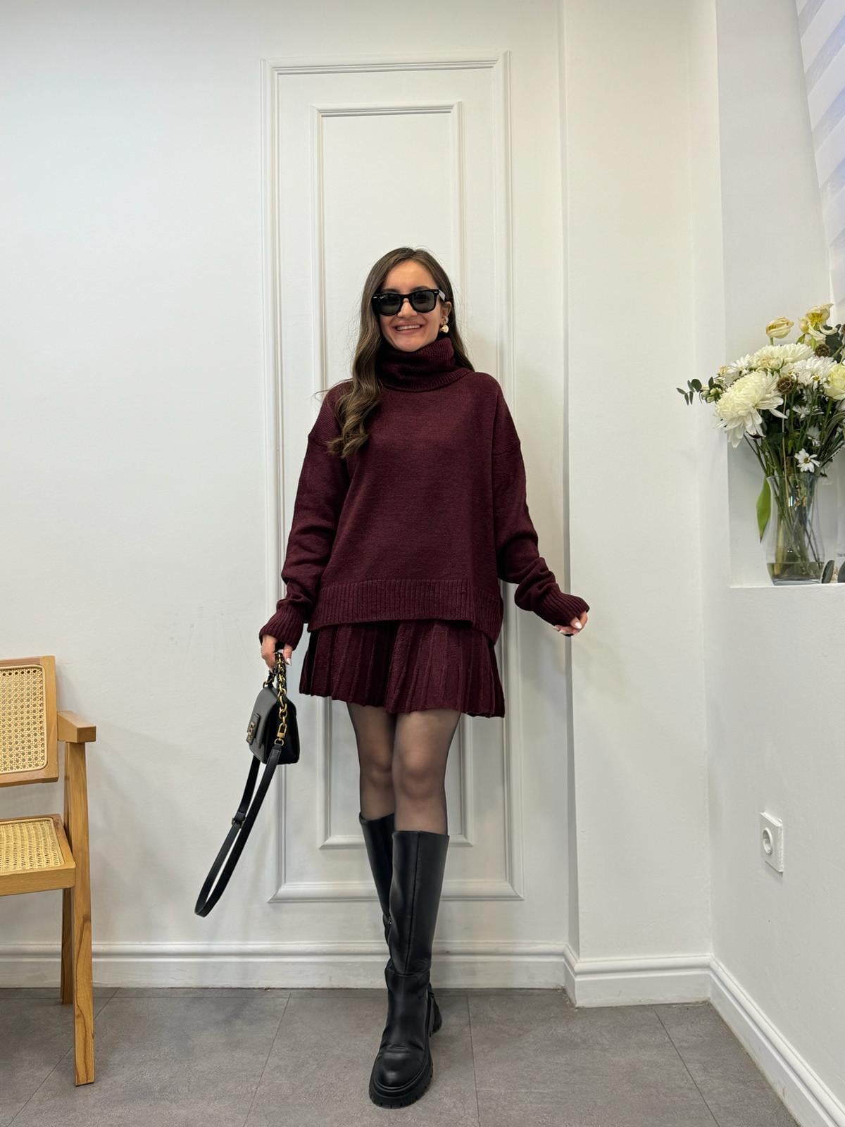 Bordo Balıkçı Yaka Etekli Triko Takım 2704