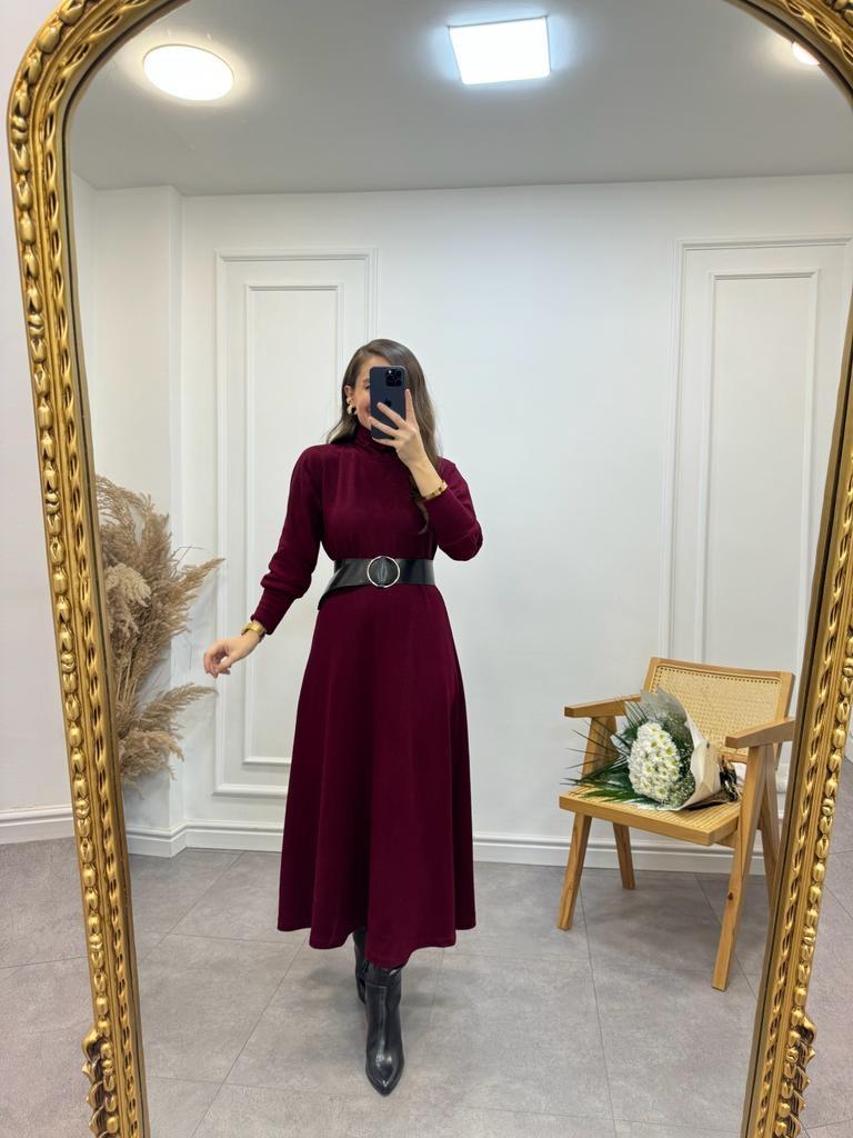 Bordo Balıkçı Yaka Kemer Detaylı Çan Elbise 3040