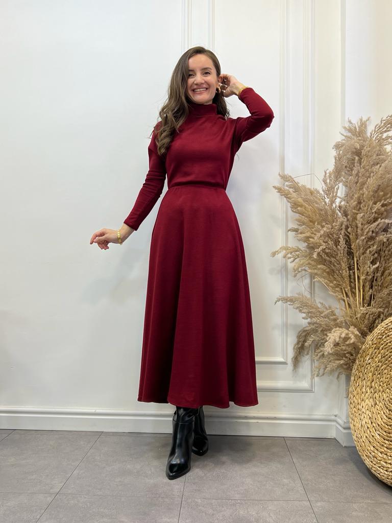 Bordo Balıkçı Yaka Midi Boy Triko Elbise 00116