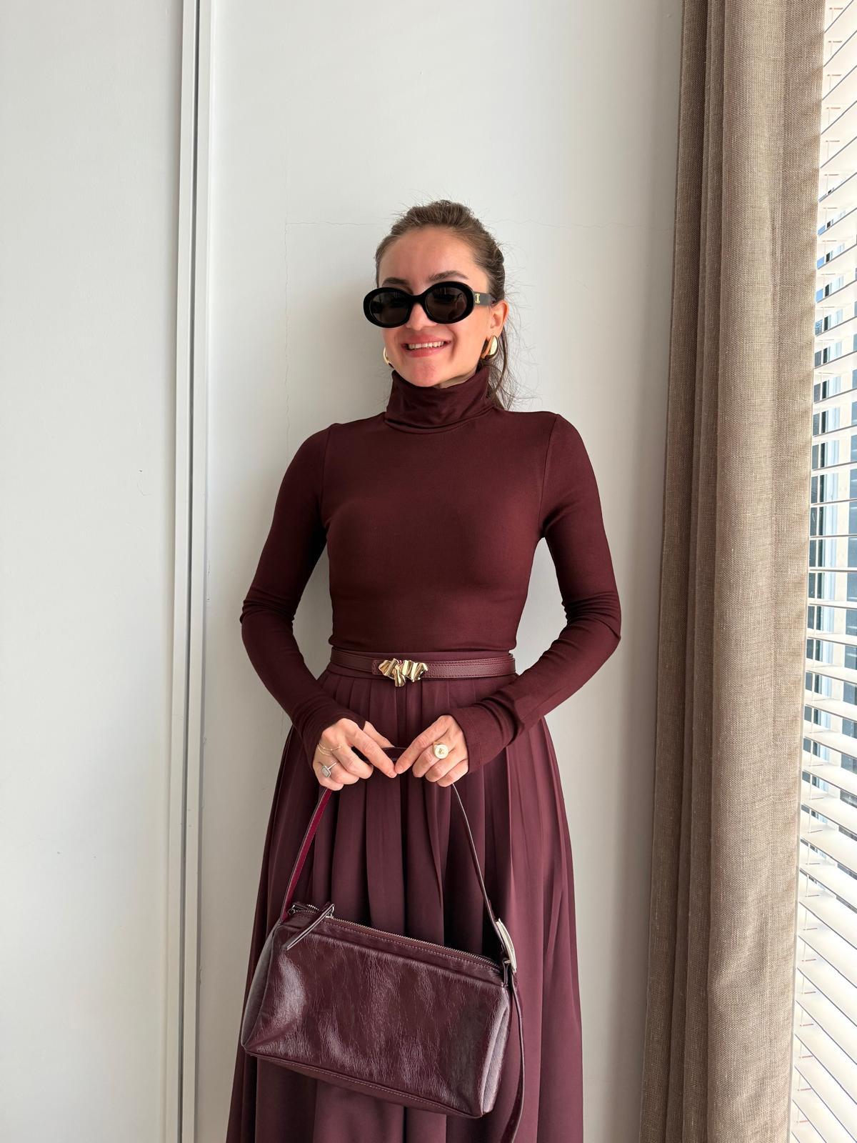 Bordo Balıkçı Yaka Parmak Geçme Bluz 17109
