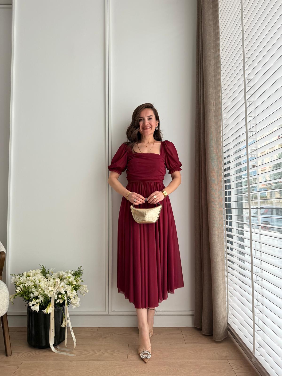 Bordo Balon Kol Drape Detaylı Tül Elbise 1230