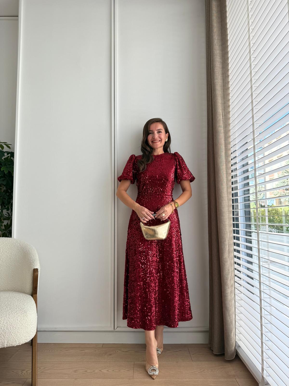 Bordo Balon Kol Payetli Elbise 8546