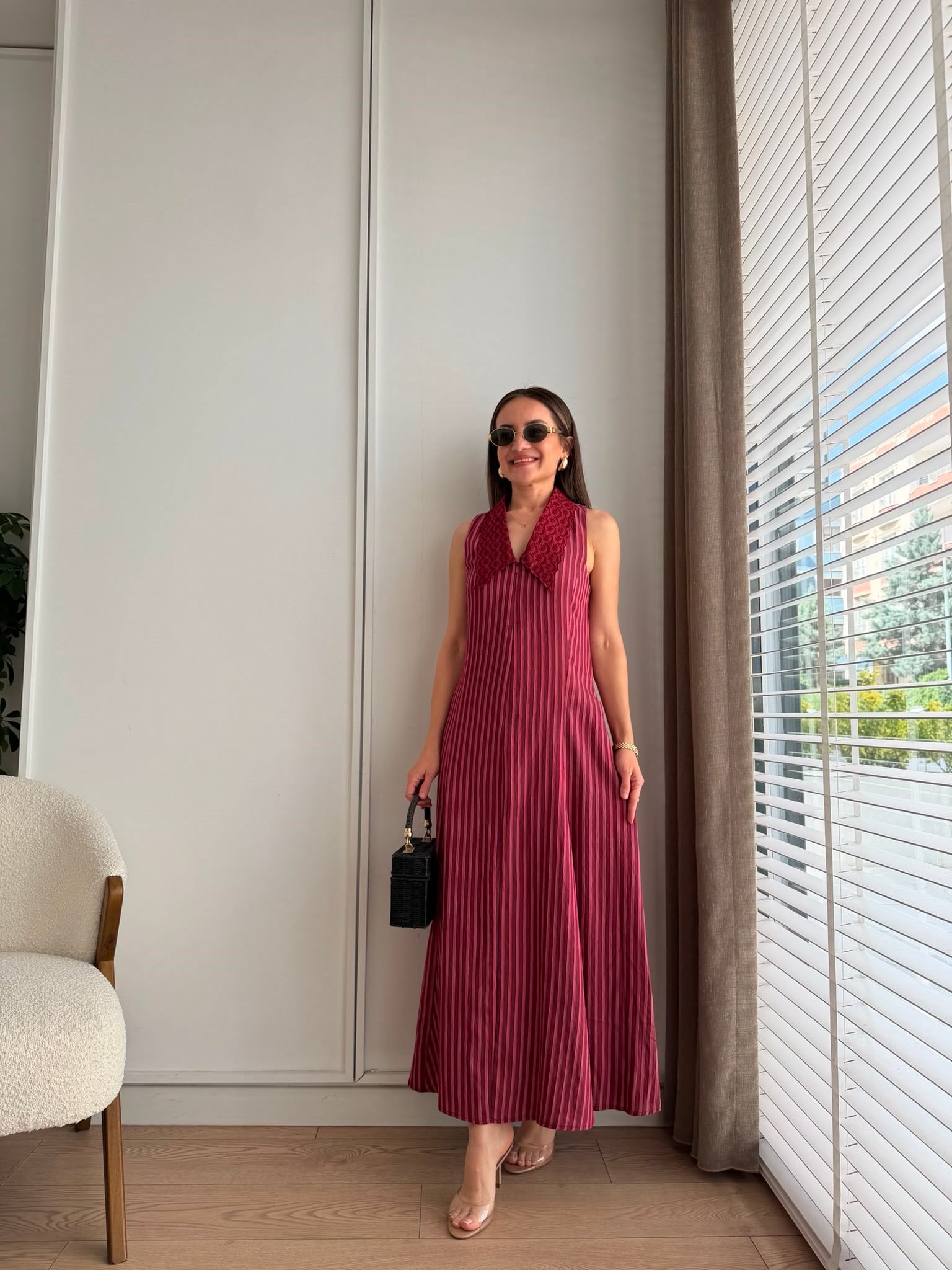 Bordo Bebe Yaka Garnili Çizgili Elbise 03067