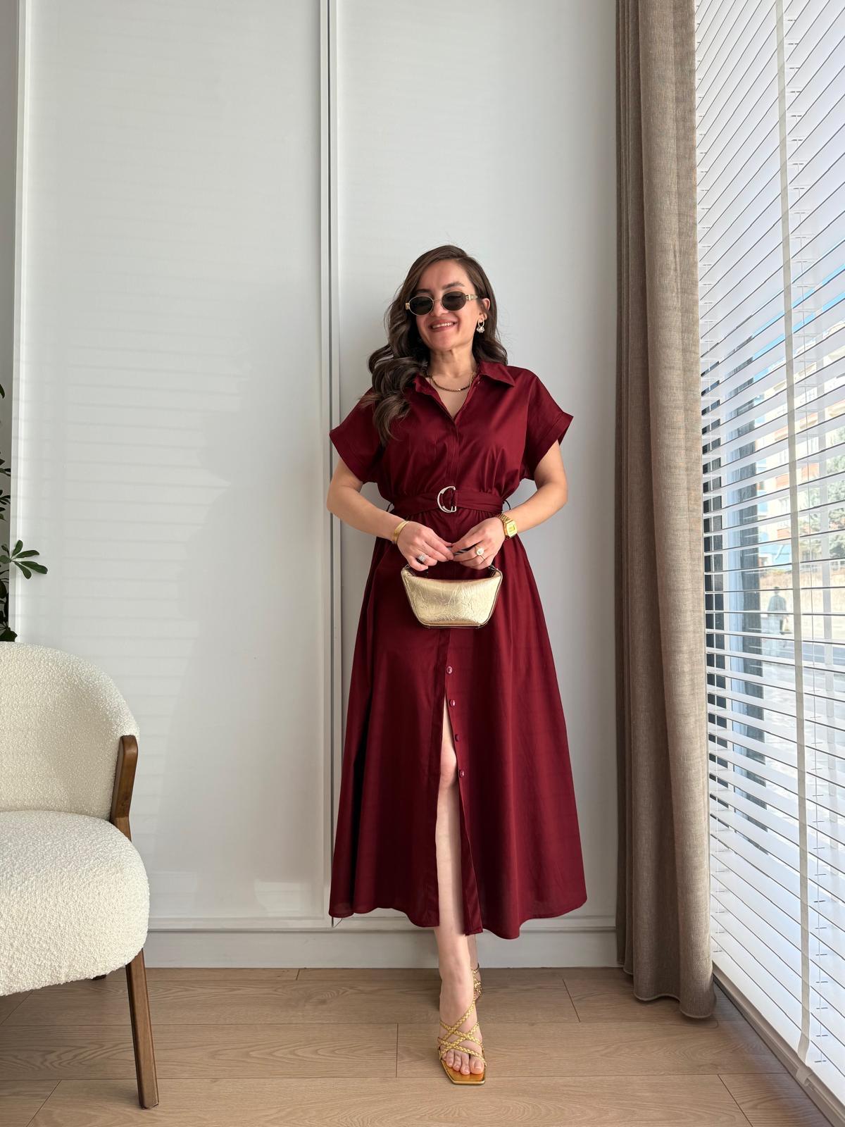 Bordo Bel Lastikli Kuşaklı Gömlek Elbise 1101