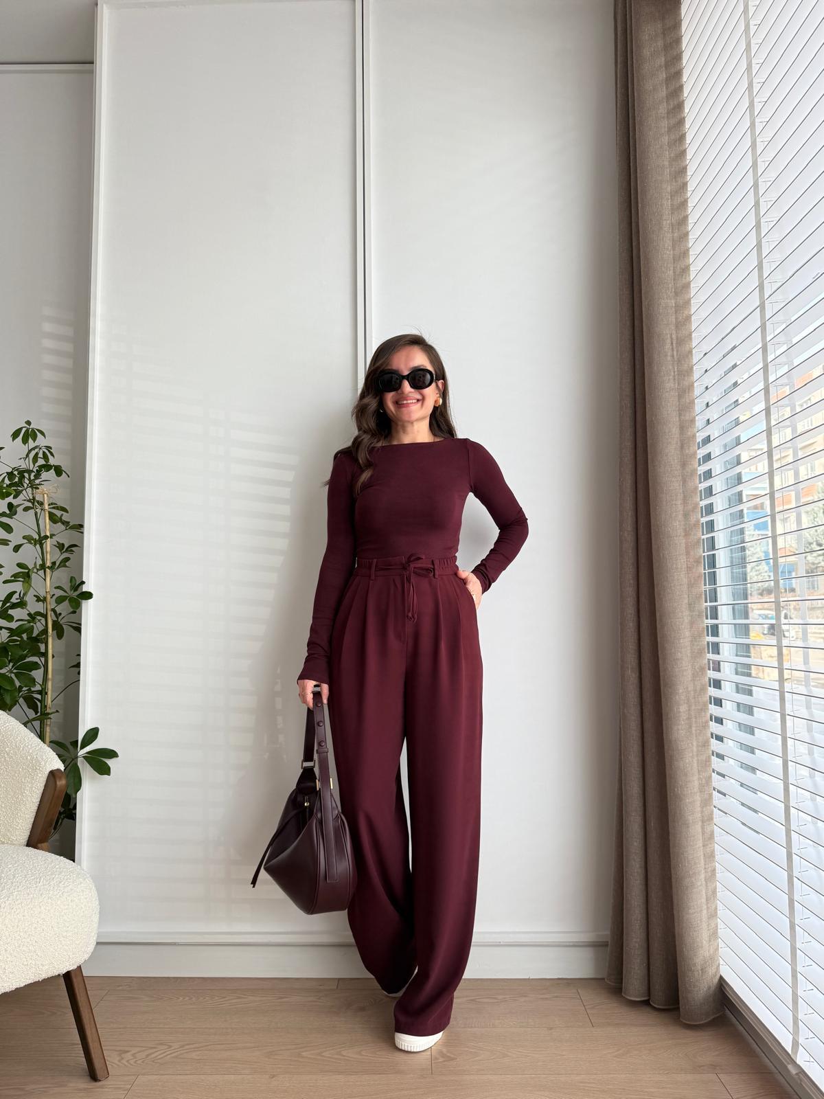 Bordo Bel Lastikli Yüksek Bel Palazzo Pantolon 3709