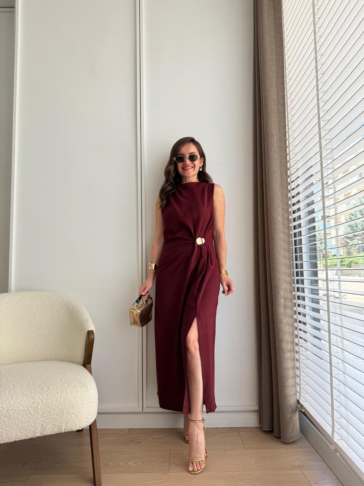 Bordo Bel Toka Detaylı Yırtmaçlı Elbise 2264