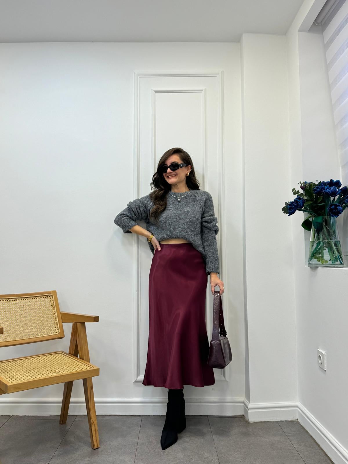 Bordo Beli Lastikli Saten Etek 6025
