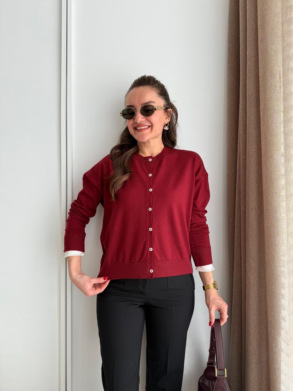 Bordo Bilek Detaylı Triko Hırka 241040