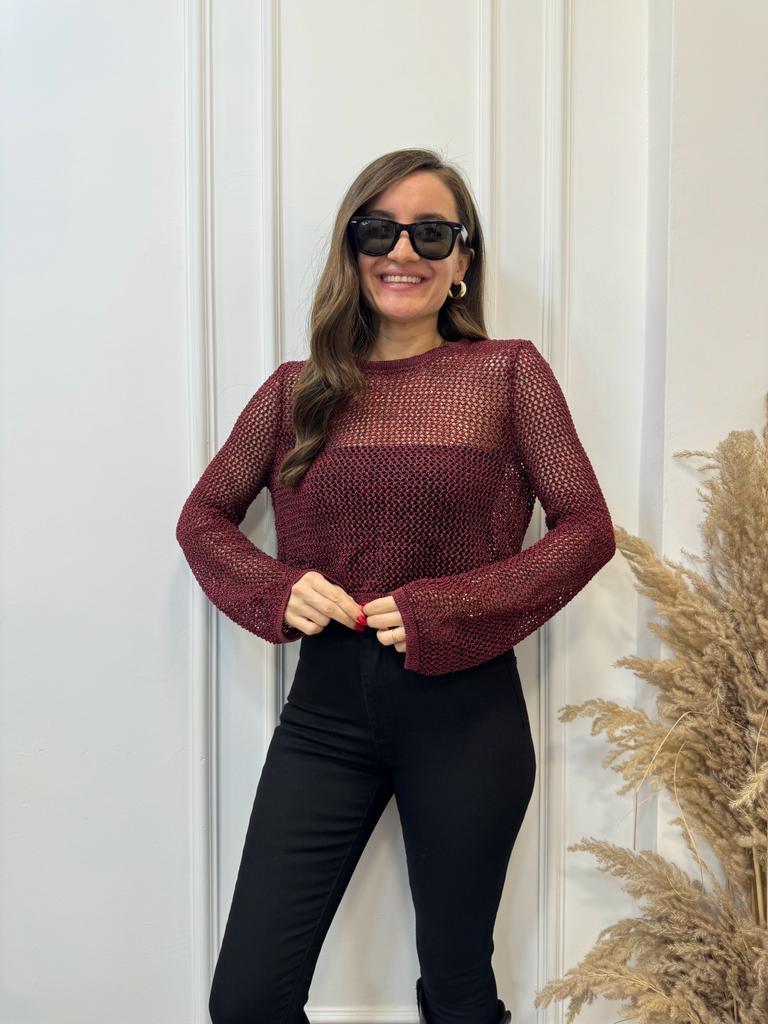 Bordo Bisiklet Yaka Ajur Desen Crop Kazak 10350