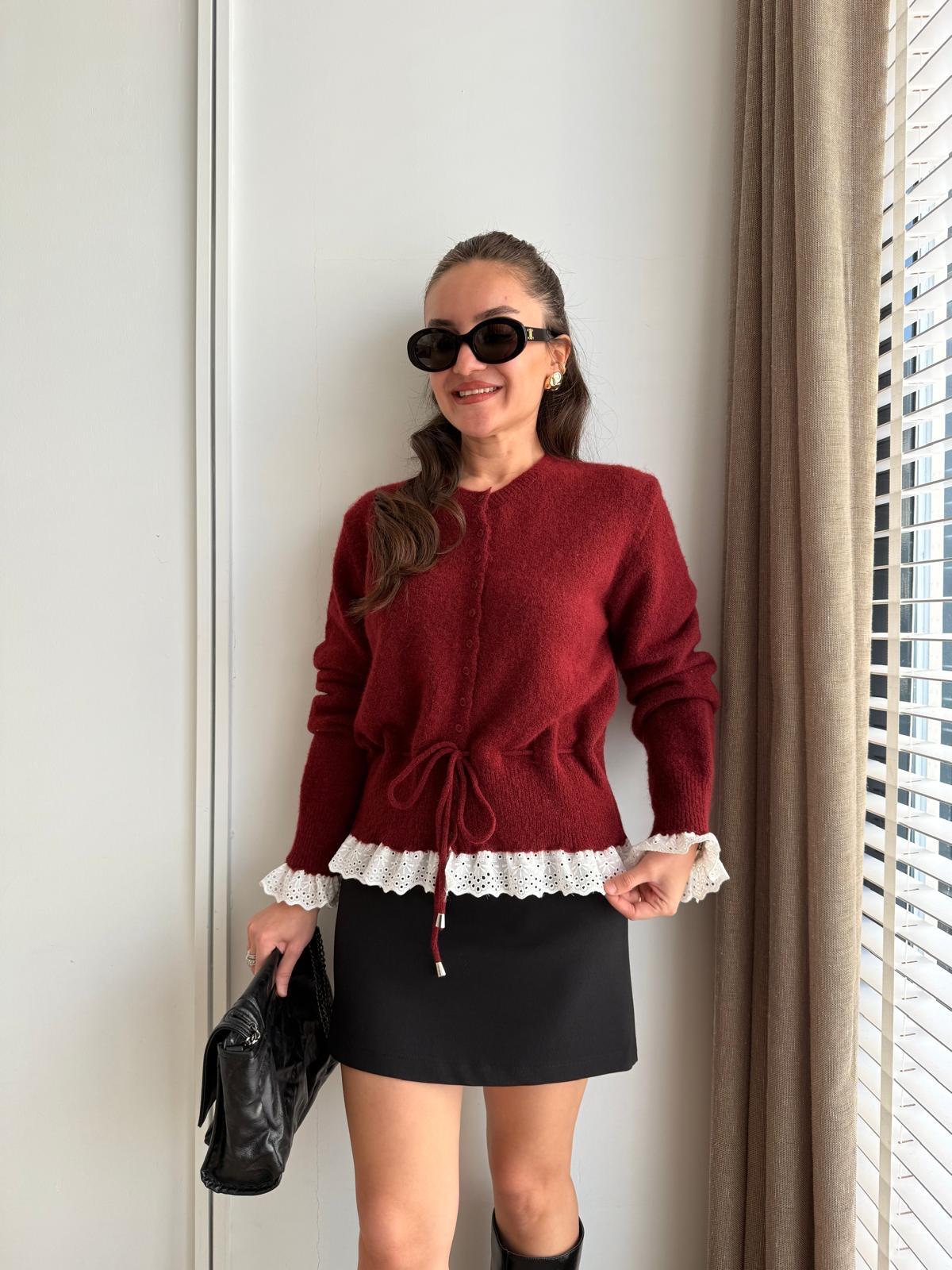 Bordo Bisiklet Yaka Dantel Detaylı Triko Hırka 75301