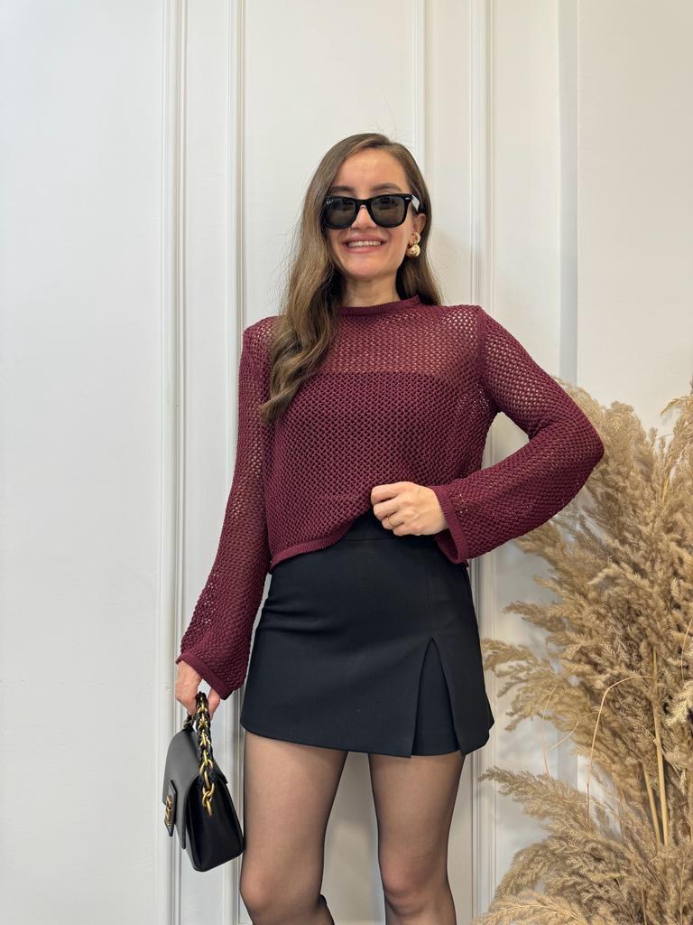 Bordo Bisiklet Yaka Kolları Salaş Ajurlu Kazak 3999