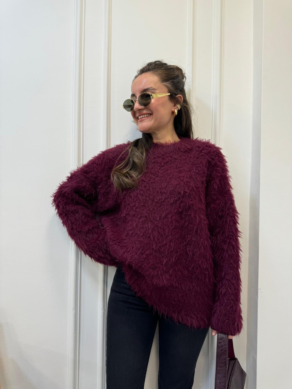 Bordo Bisiklet Yaka Peluş Triko Kazak 241205