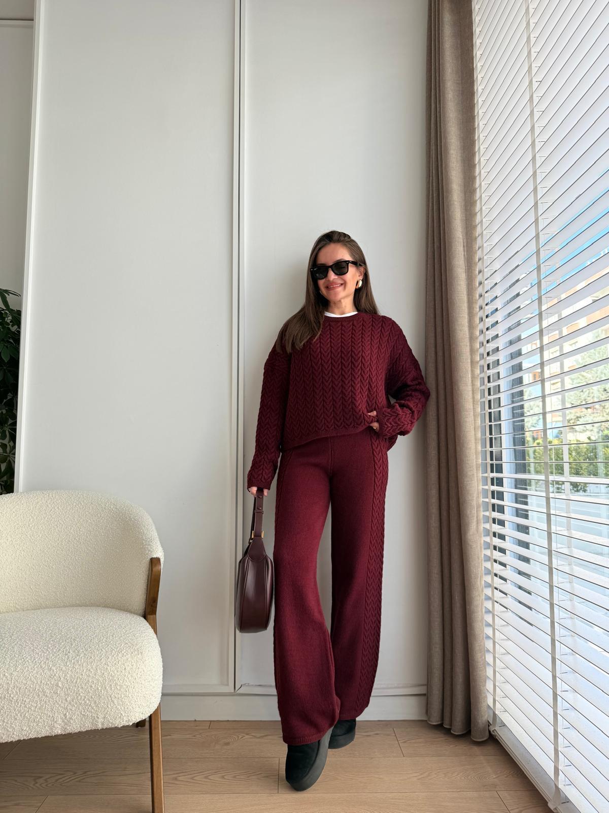 Bordo Bisiklet Yaka Saç Örgü Triko Takım 0989