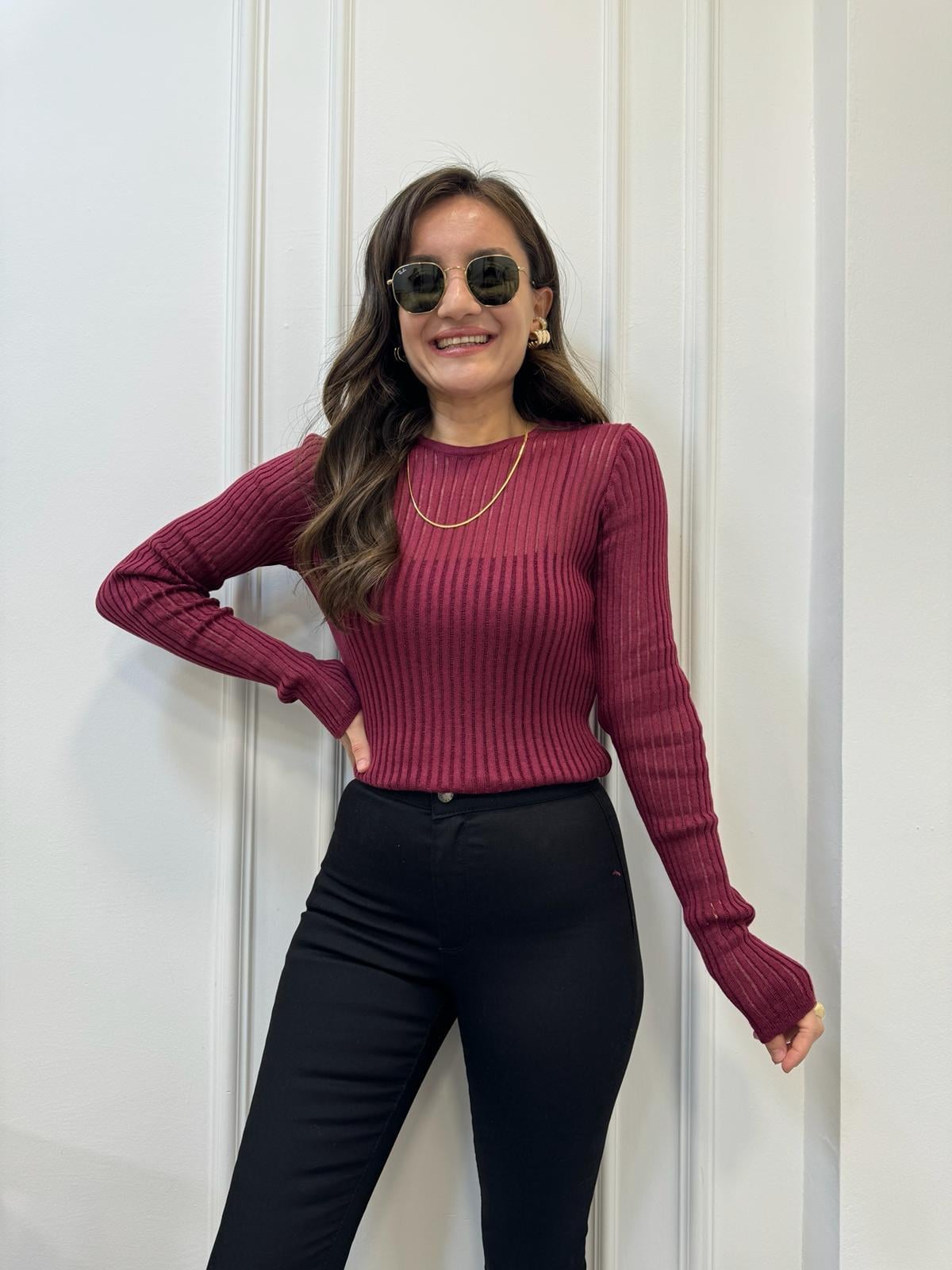 Bordo Bisiklet Yaka Tül Örgü Triko Bluz 0836