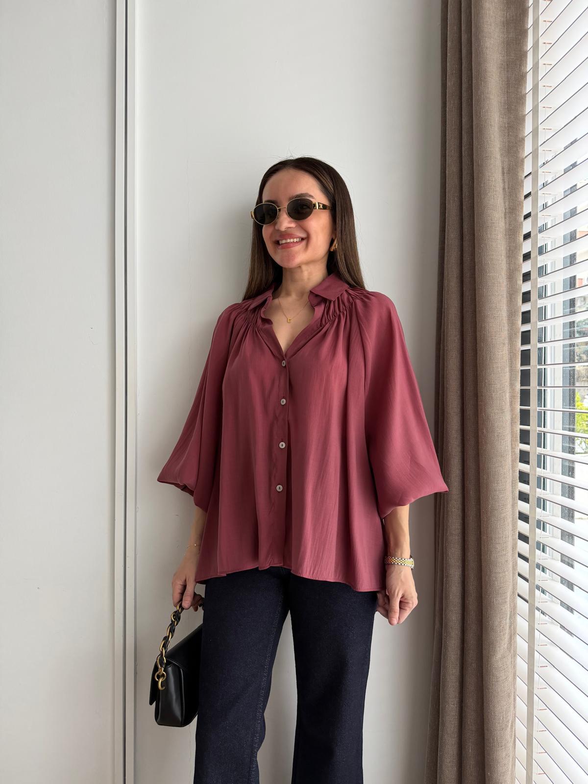 Bordo Büzgü Detaylı Oversize Tensel Gömlek 5018