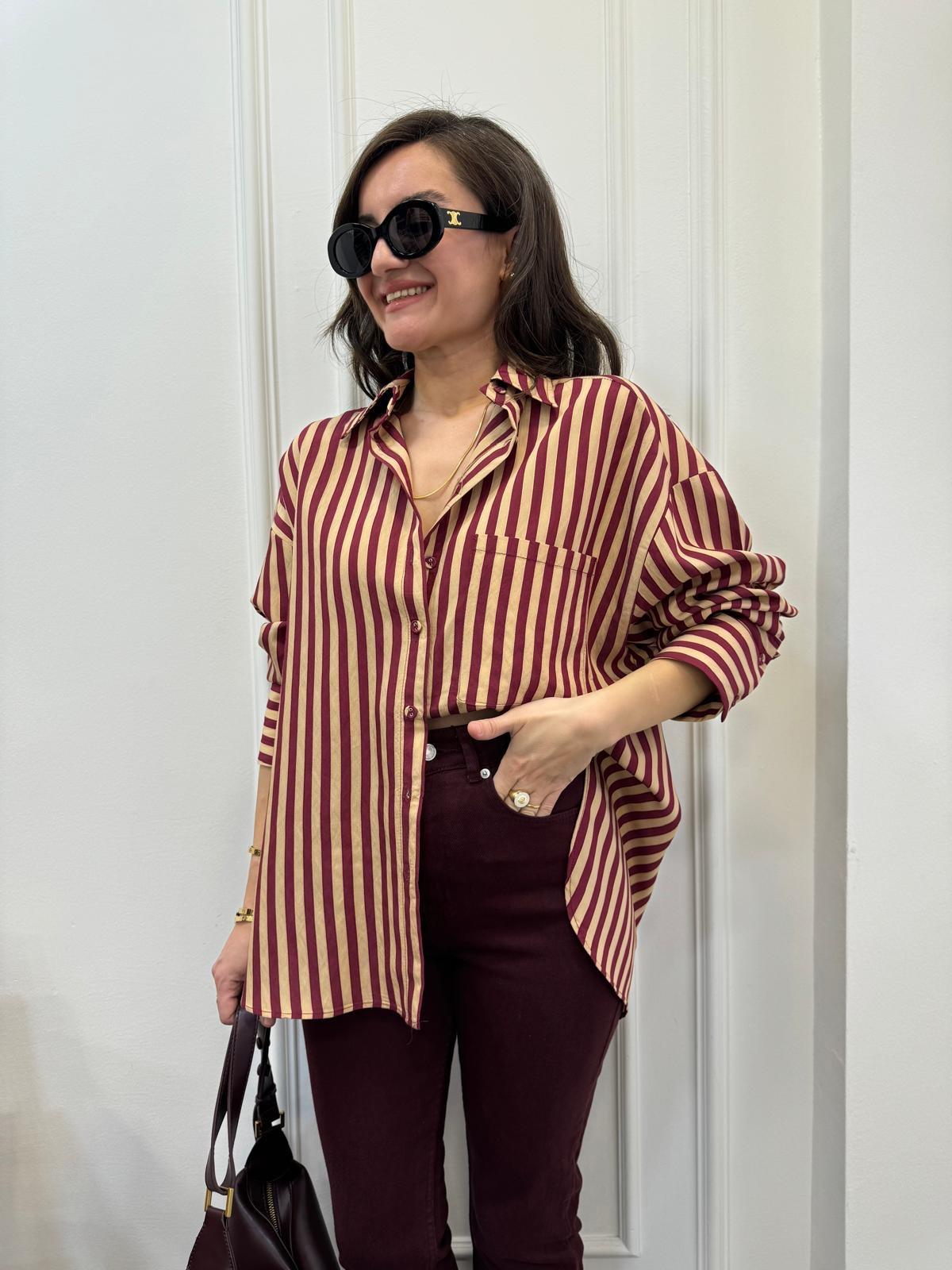 Bordo Camel Çizgili Gömlek 4969