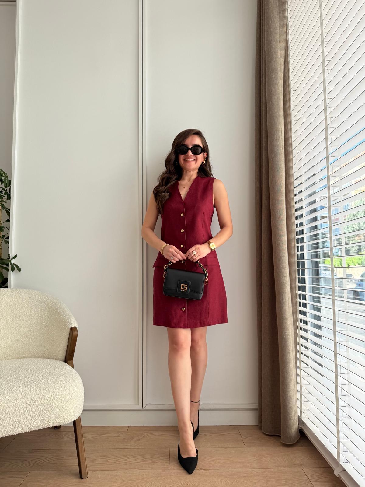 Bordo Cepli Gold Düğmeli Mini Boy Elbise 0408