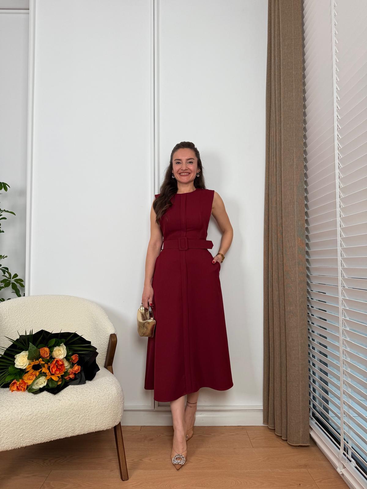 Bordo Cepli Kemerli Kloş Elbise 1123