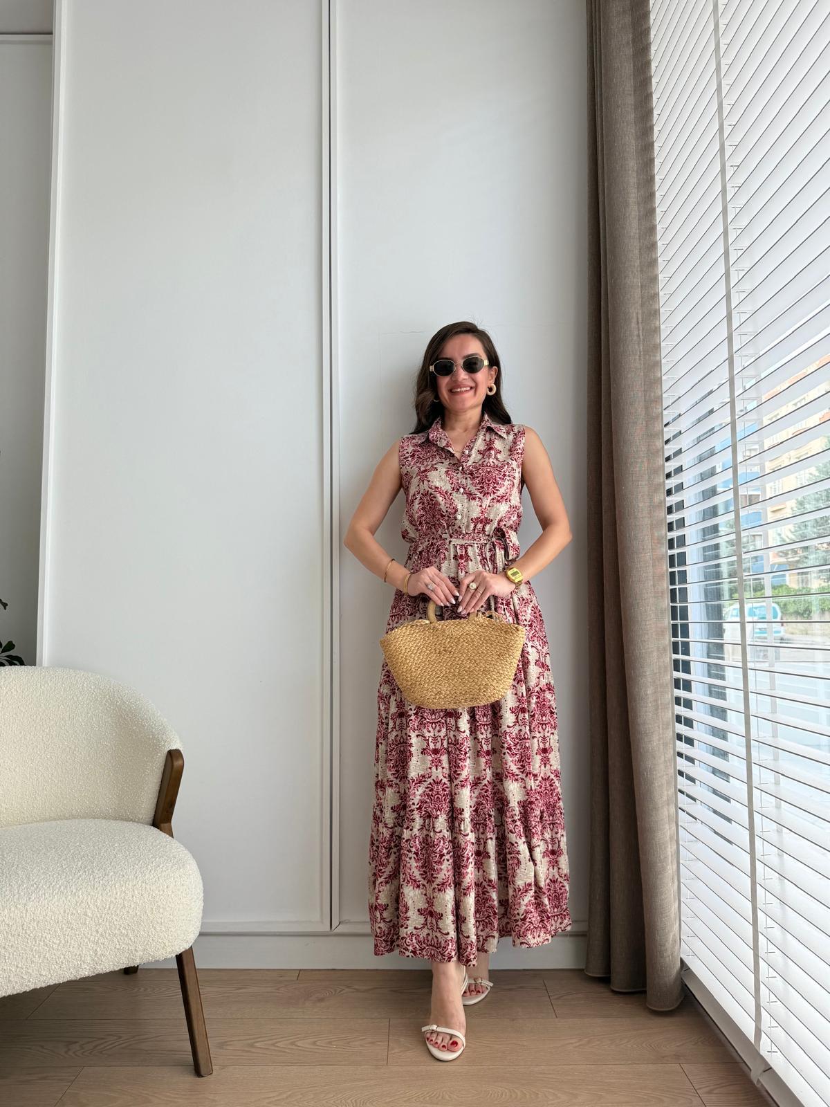 Bordo Desenli Bel Lastikli Düğmeli Elbise 1302